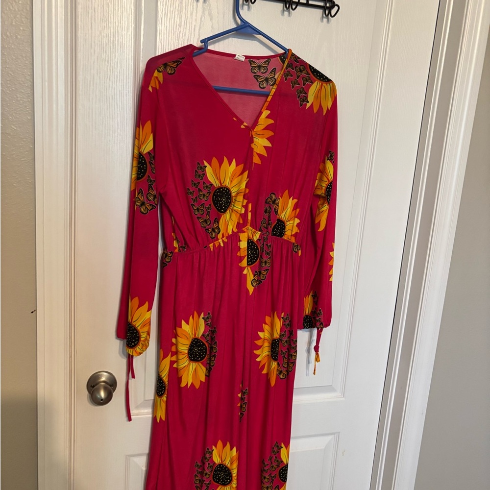 Sunflower Print Red Maxi Dress